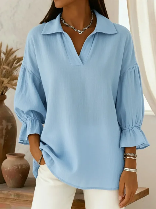Women's Three Quarter Sleeve Shirt Spring/Fall Blue Plain Split Joint Shawl Collar Puff Sleeve Daily Going Out Casual Top
