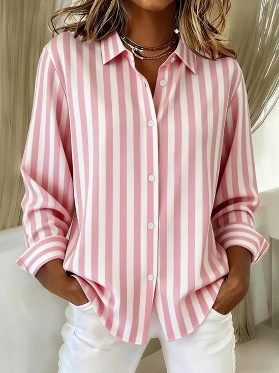 Women's Long Sleeve Shirt Spring/Fall Pink Striped Buckle Shirt Collar Regular Sleeve Daily Going Out Casual Top