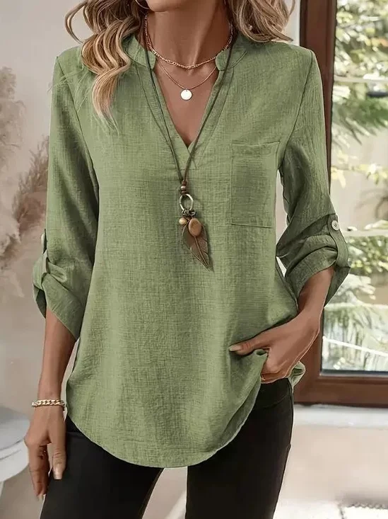 Women's Three Quarter Sleeve Shirt Spring/Fall Green Plain Split Joint Cotton And Linen V Neck Daily Going Out Casual Top