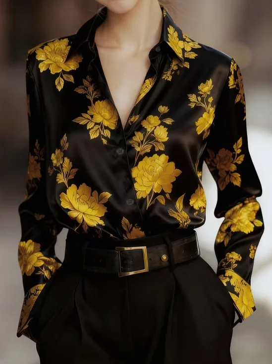 Women's Long Sleeve Shirt Spring/Fall Yellow Floral Shawl Collar Daily Going Out Casual Top