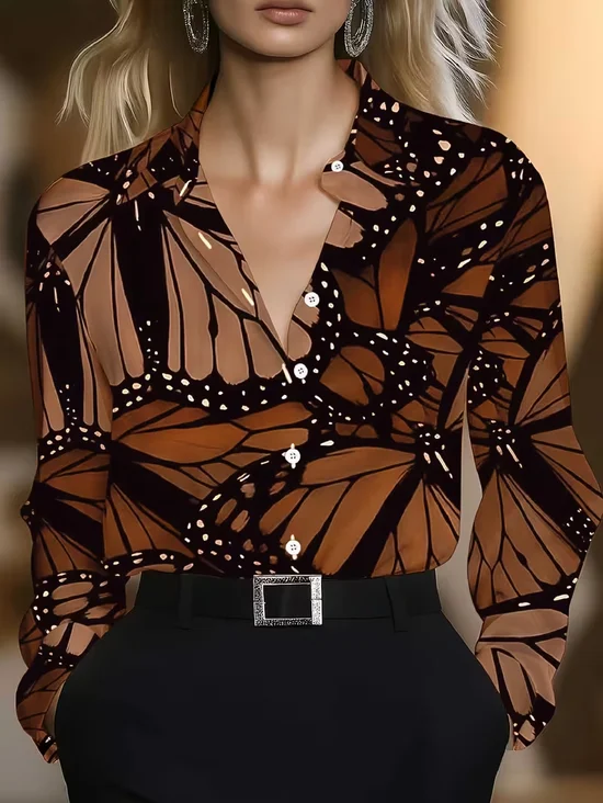 Women's Long Sleeve Shirt Spring/Fall Brown Butterfly Shawl Collar Daily Going Out Casual Top