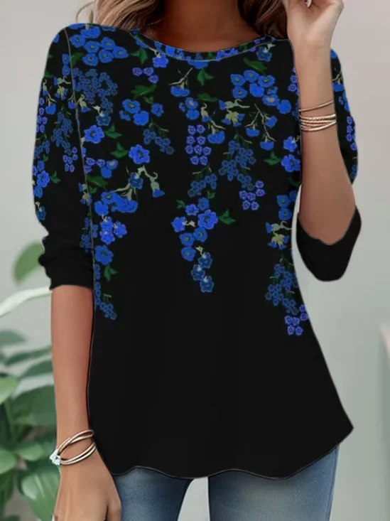 Women's Long Sleeve T-shirt Spring/Fall Black Floral Jersey Crew Neck Daily Going Out Casual Top