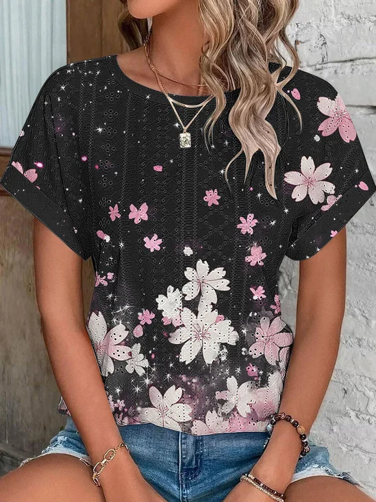 Tummy Coverage Crew Neck Short Sleeve Stripe Print Top