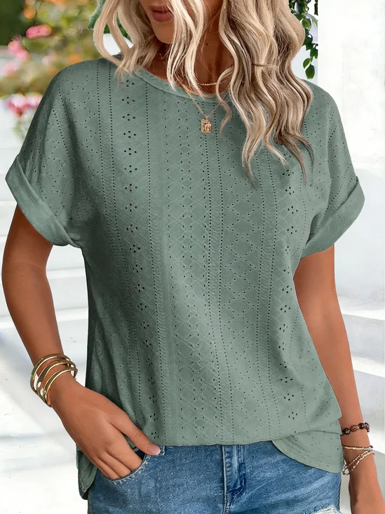Crew Neck Short Sleeve Recessed mesh embroidery Casual Top