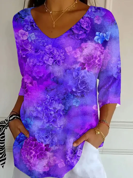 Women's Three Quarter Sleeve T-shirt Spring/Fall Purple Floral Printing V Neck Daily Going Out Casual Top