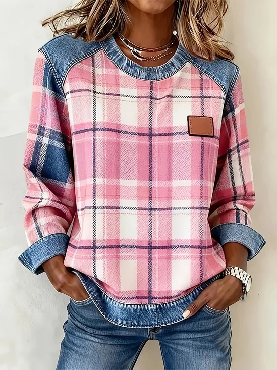 Women's Plaid Print Patchwork Denim Crewneck Long-Sleeved Sweatshirt