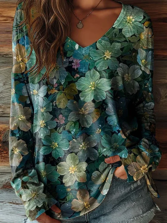 Women's Long Sleeve T-shirt Spring/Fall Green Floral Printing Jersey V Neck Daily Going Out Casual Top