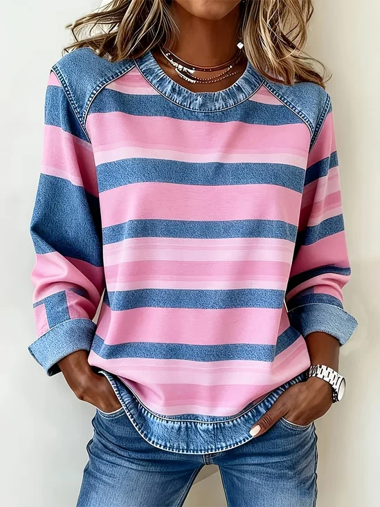 Women's Abstract Stripes Print Patchwork Denim Crewneck Long-Sleeved Sweatshirt