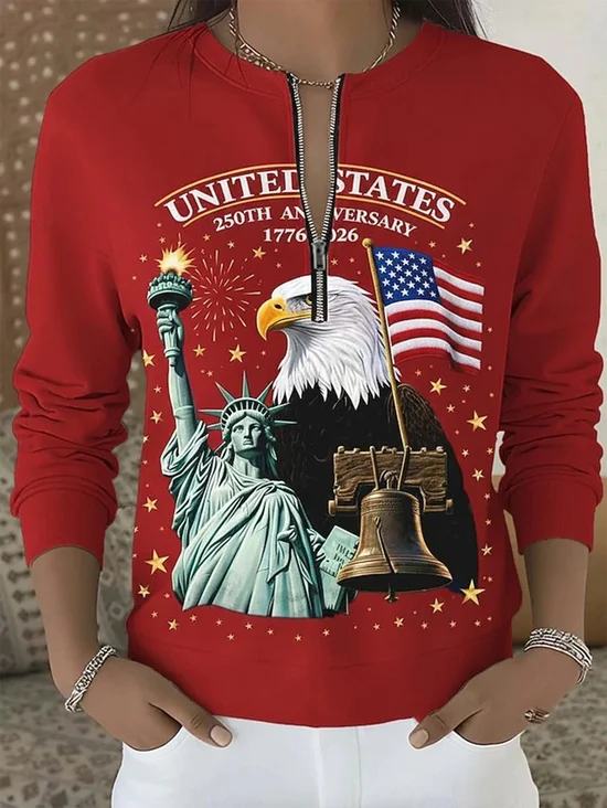 Independence Day Patriotic Long-Sleeved Hoodie with Front Zipper