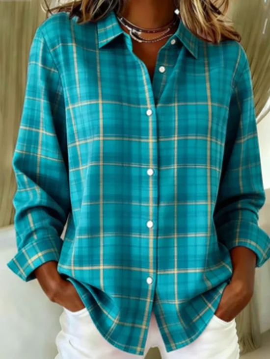 Women's Long Sleeve Shirt Spring/Fall Cyan Plaid Buckle Shirt Collar Regular Sleeve Daily Going Out Casual Top