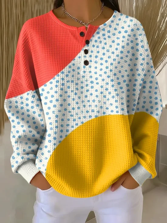 Women's Abstract Print Button-Up Casual Waffle Knit Sweatshirt
