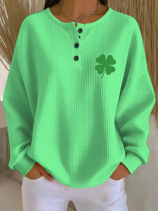Women's St. Patrick's Day Shamrock Print Button-Up Casual Waffle Knit Sweatshirt
