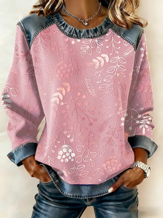 Women's Flower Stripes Print Patchwork Denim Crewneck Long-Sleeved Sweatshirt