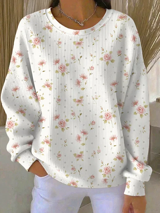 Casual Pink Rose Floral Pattern Ribbed Knit Pullover Sweatshirt