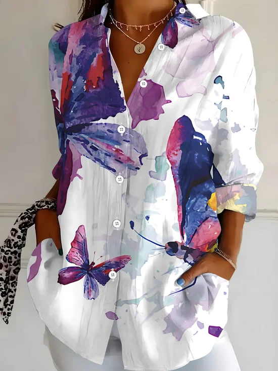 Women's Long Sleeve Shirt Spring/Fall White Butterfly Buckle Shirt Collar Regular Sleeve Daily Going Out Casual Top