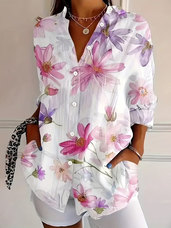 Women's Long Sleeve Shirt Spring/Fall White Floral Buckle Shirt Collar Regular Sleeve Daily Going Out Casual Top