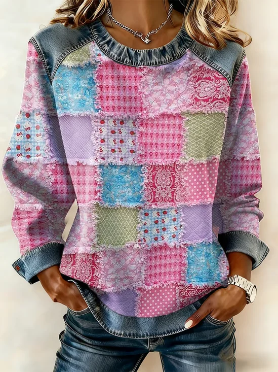 Women's Abstract Stripes Print Patchwork Denim Crewneck Long-Sleeved Sweatshirt