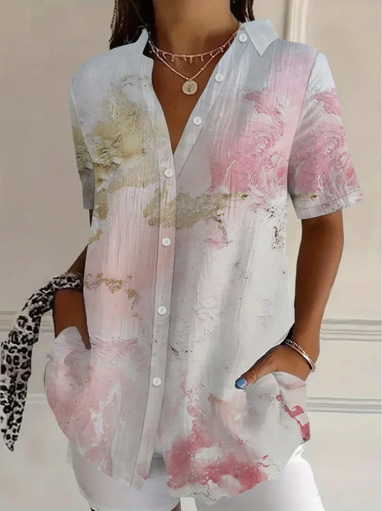 Women's Short Sleeve Shirt Summer As Picture Abstract Printing Shirt Collar Daily Going Out Casual Top