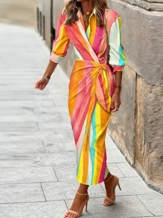 Abstract Stripe Printing V Neck Elegant Going Out Maxi Wrap Dress