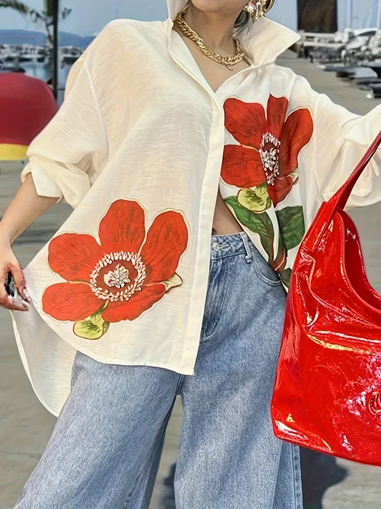 Big Scale Flower Printing Urban Shawl Collar Loose 3D Printing Casual Shirt