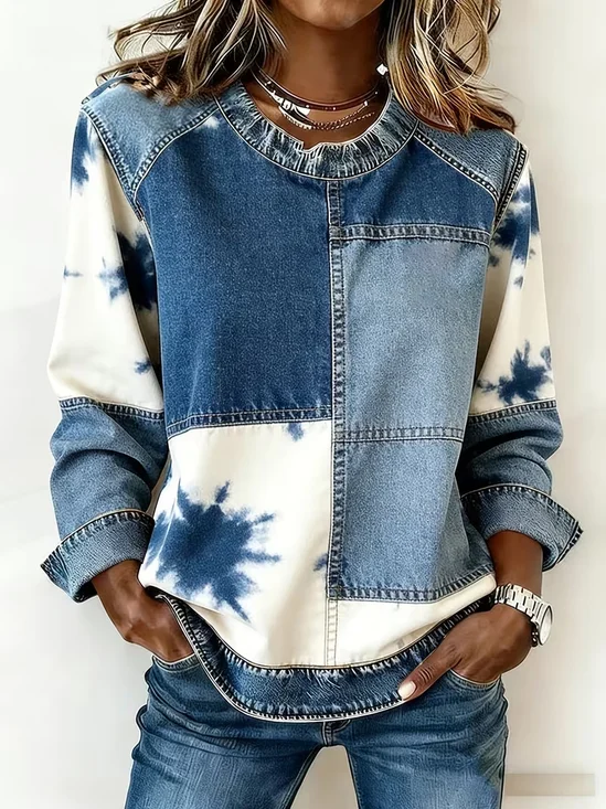 Women's Abstract Stripes Print Patchwork Denim Crewneck Long-Sleeved Sweatshirt