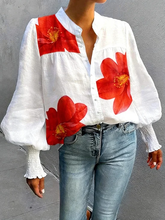 3D Printing Big Scale Flower Printing Long Sleeve  Smock Cuff  Stand Collar Loose Going Out Casual Shirt
