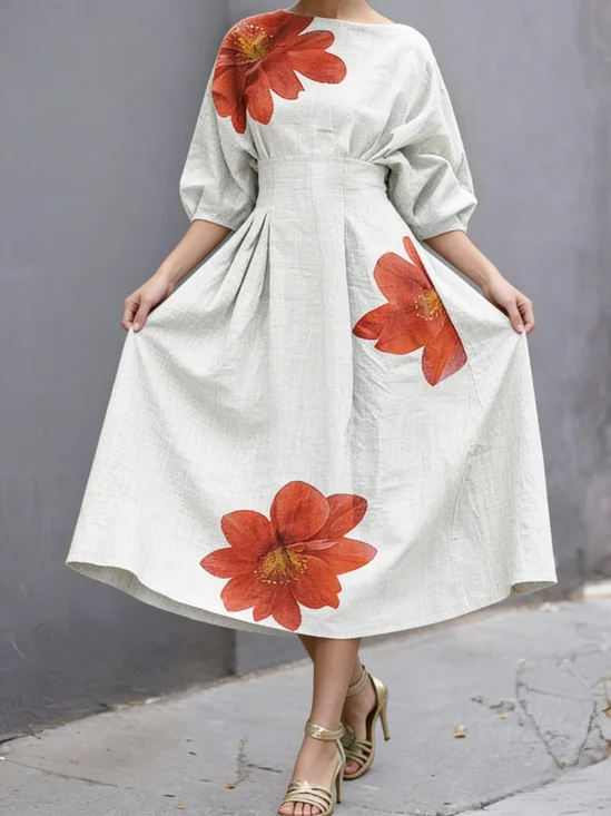 Elegant 3D Big Scale Flower Printing Stylish  Lantern Sleeved Fitted Waist A-Line Summer Casual Maxi Dress For Commuting