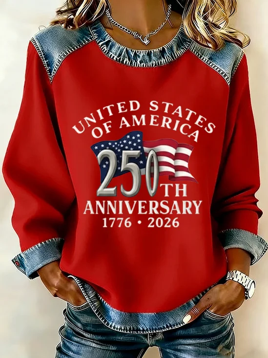 Women's USA Print Patchwork Denim Crewneck Long-Sleeved Sweatshirt