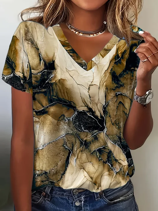 Women's Short Sleeve T-shirt Summer Brown Abstract Jersey V Neck Holiday Going Out Casual Top