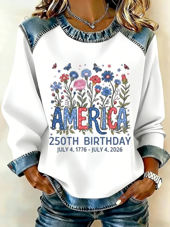 Women's USA Print Patchwork Denim Crewneck Long-Sleeved Sweatshirt