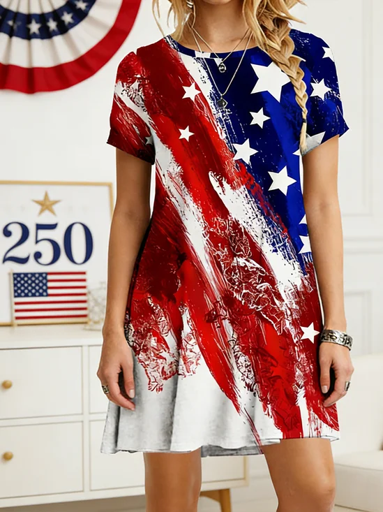 Women's 250th Anniversary Of The Founding Of the United States Independence Day Vintage Short Sleeve Crew Neck A-Line 3D Printing Daily Going Out Casual Mini Dress