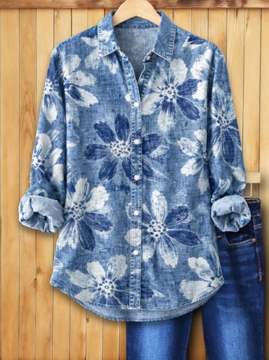 Women's Long Sleeve Shirt Spring/Fall Blue Floral Buckle Shirt Collar Regular Sleeve Daily Going Out Casual Top