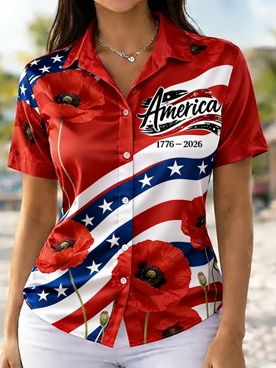 Women's 250th Anniversary Of The Founding Of the United States Vintage Short Sleeve  Shawl Collar 3D Printing Daily Going Out Casual Shirt