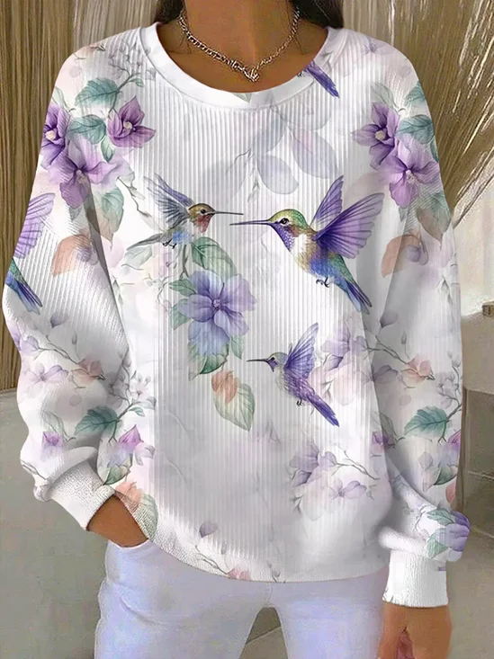 Crew Neck Casual Loose Floral Sweatshirt