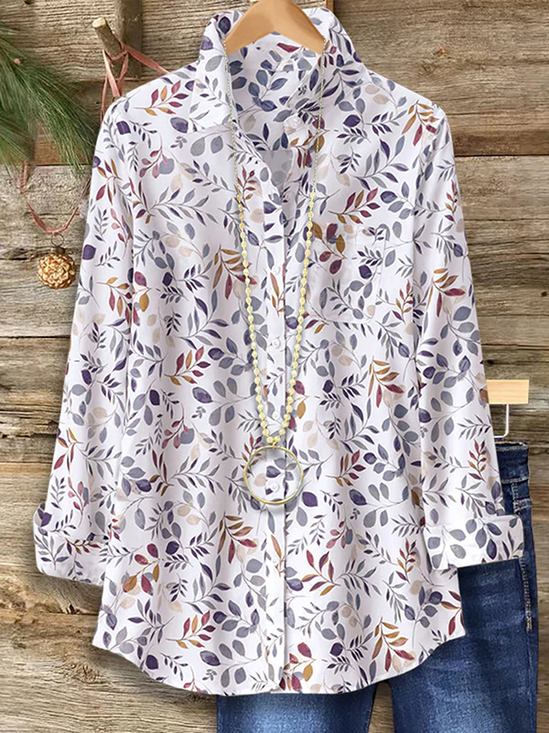 Women's Long Sleeve Shirt Spring/Fall White Floral Buckle Shirt Collar Regular Sleeve Daily Going Out Casual Top