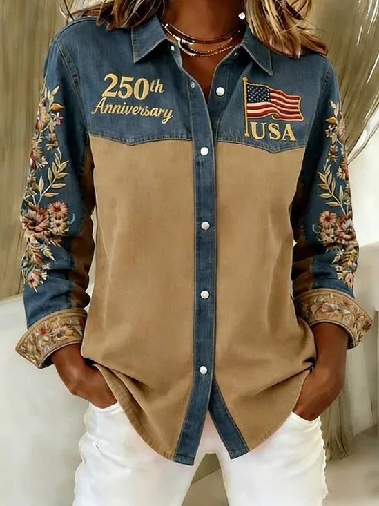 Women's 250th Anniversary Of The Founding Of the United States Vintage Long Sleeve Shawl Collar Color Block  3D Printing Daily Going Out Denim look / Denim effect Casual Shirt