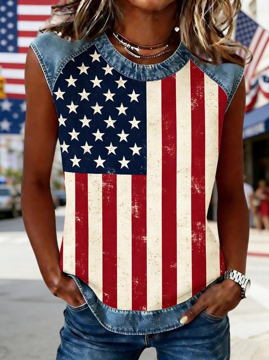 Women's 250th Anniversary Of The Founding Of the United States Short Sleeve T-shirt Summer Denim Color Block Crew Neck Daily Going Out Casual Top