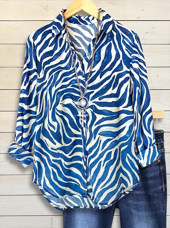 Women's Long Sleeve Shirt Spring/Fall Blue Abstract Buckle Shirt Collar Regular Sleeve Daily Going Out Casual Top