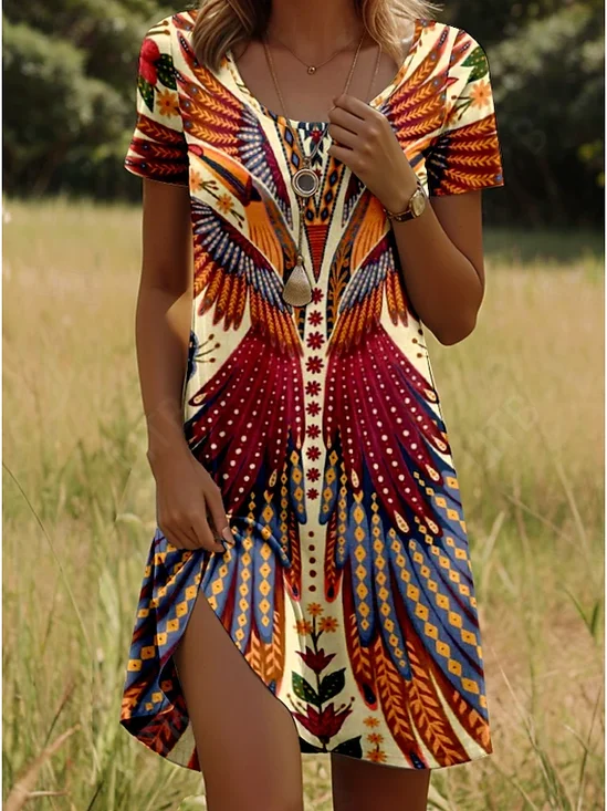 Women’s Vintage Short Sleeve Scoop Neck Midi Dress Boho Beach Dress