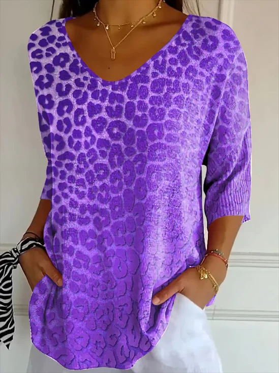 Women's Three Quarter Sleeve T-shirt Spring/Fall Purple Leopard Printing V Neck Daily Going Out Casual Top