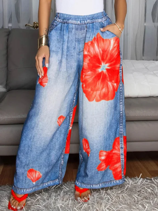 3D Printing Floral Loose Wide Leg Denim Look/Denim Effect Casual Pants