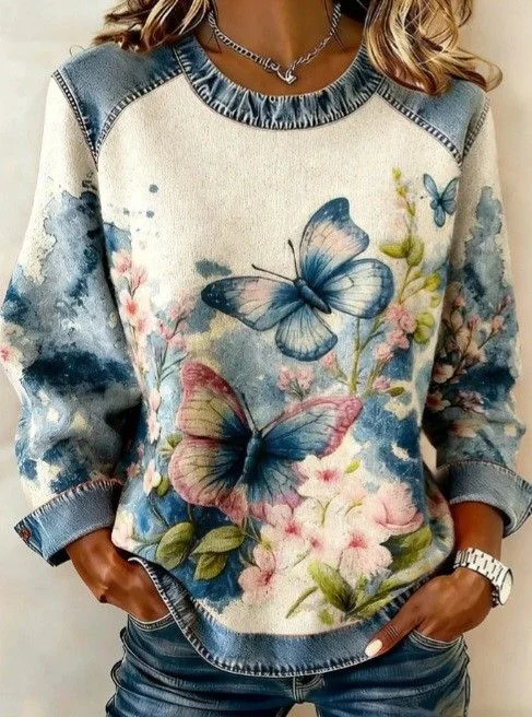 Women's Flower Butterfly Print Patchwork Denim Crewneck Long-Sleeved Sweatshirt