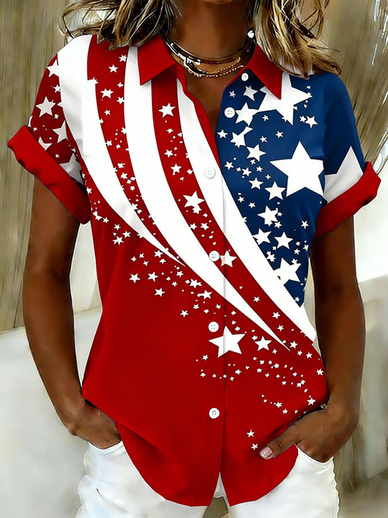 Women's Short Sleeve Shirt Summer Red America Flag Printing Shirt Collar Daily Going Out Casual Top
