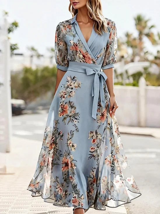 Regular Fit Floral Elegant V Neck Dress With No
