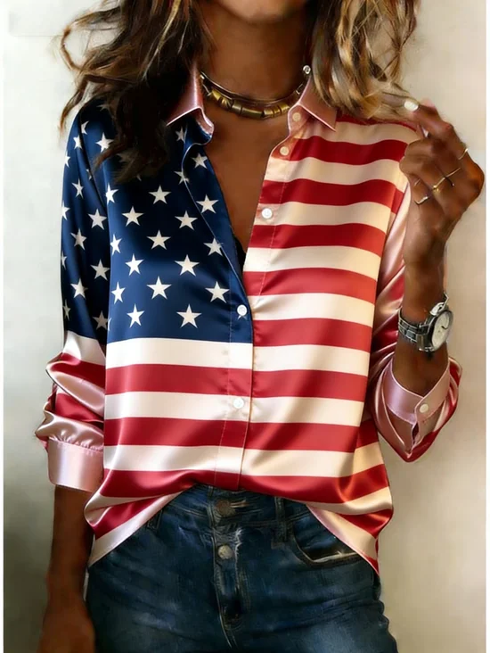 Women's Long Sleeve Shirt Spring/Fall As Picture America Flag Shawl Collar Daily Going Out Casual Top
