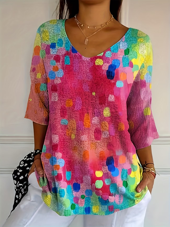 Women's Three Quarter Sleeve T-shirt Spring/Fall Pink Abstract Printing V Neck Daily Going Out Casual Top