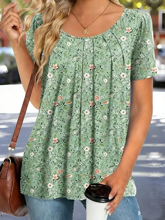 Flora Printing Puff Sleeve Crew Neck Going Out Spring Summer Casual Blouse