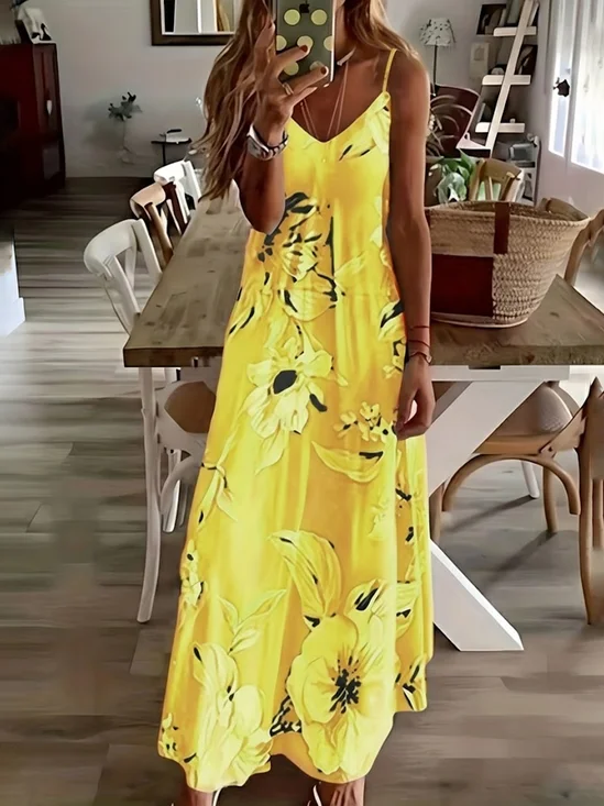 Women's Sleeveless Summer Yellow Floral Printing V Neck Daily Going Out Casual Maxi X-Line Slip Dress Dress