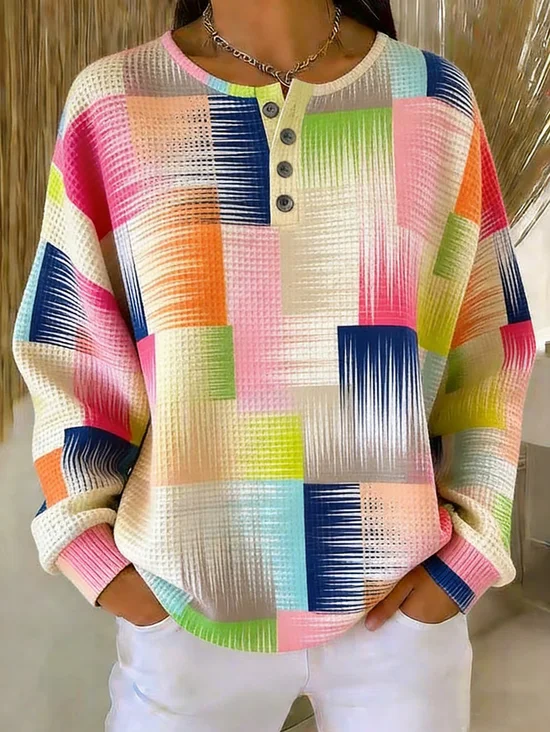 Women's Abstract Geometric Print Button-Up Casual Waffle Knit Sweatshirt