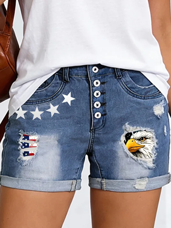 American Flag Denim Eagle Old Glory Straight Leg Button Fly Going Out Casual Shorts